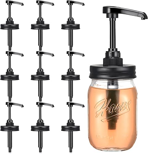 Bokon Paquete de 10 dispensadores de jarabe de tarro masón, tapas de dispensador, dispensador de jarabe de café para boca regular, bomba de plástico