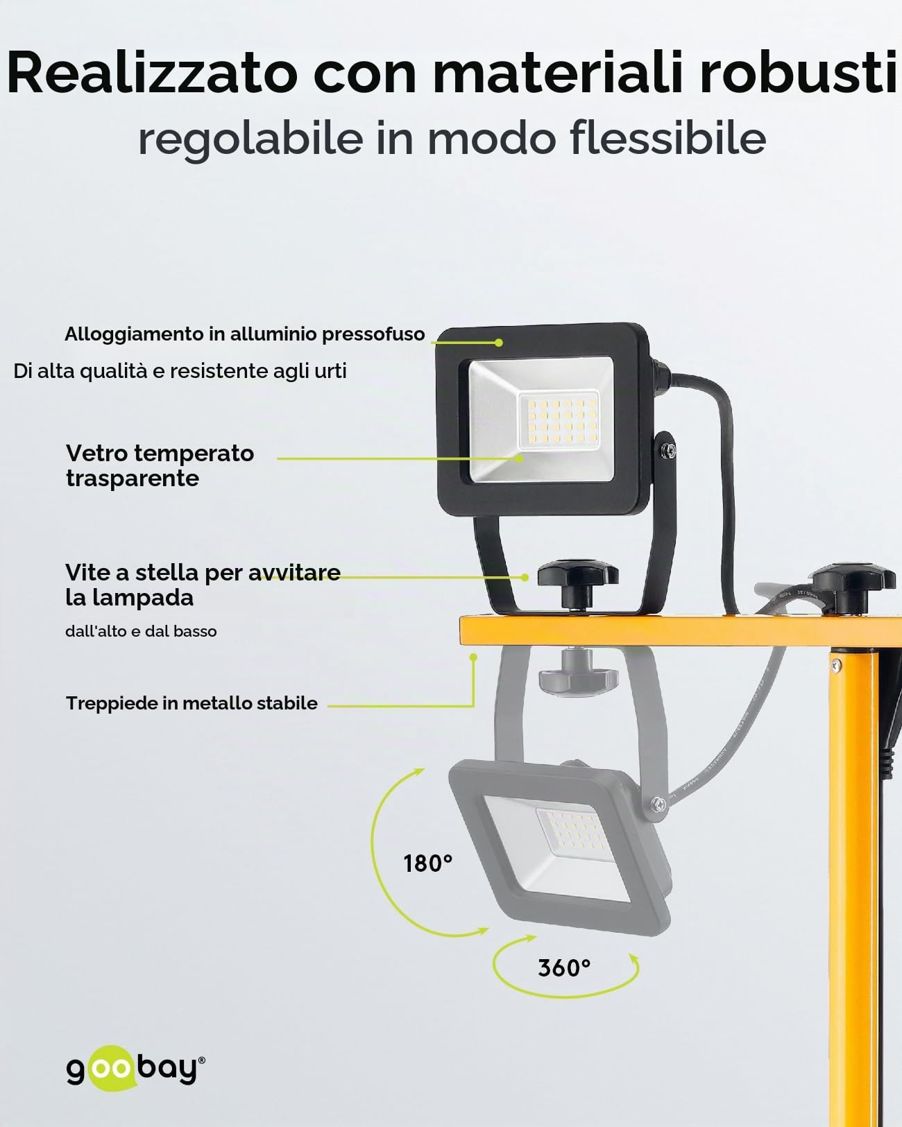 Goobay 57845 Faretto da costruzione a LED su stativo telescopico 2 x 20W / 3400lm / Luce bianca neutra - 4000K / Per uso interno ed esterno - IP65 / Nero/Giallo