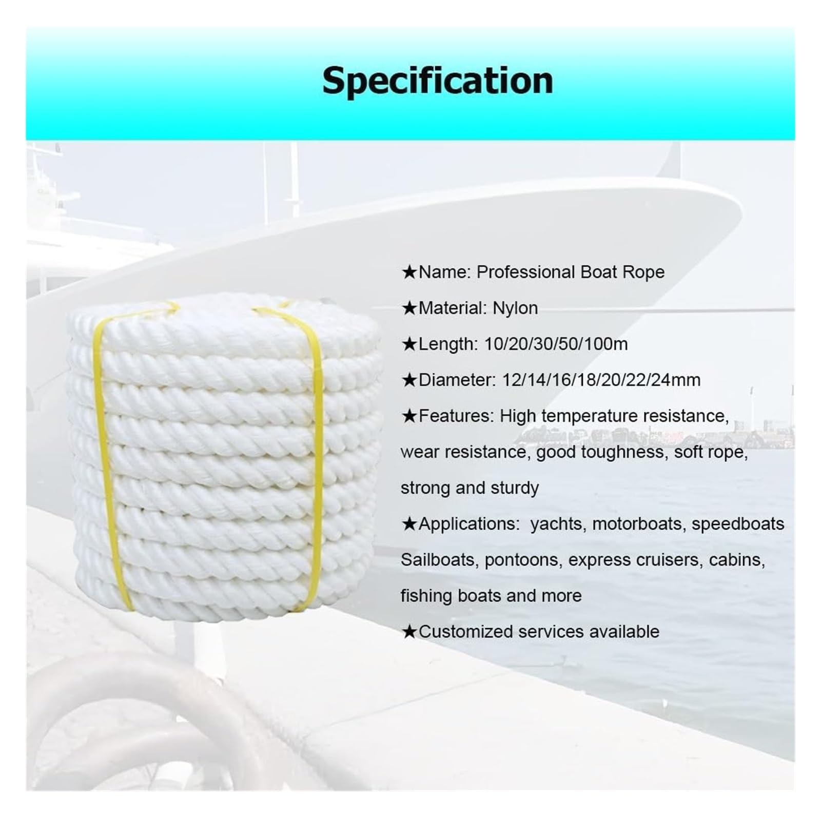 Corda intrecciata in nylon per ormeggio, Corda di ormeggio in nylon intrecciato a 3 fili Lunghezza 10-100 m Diametro 12-24 mm(22mm/0.87",30m/98')