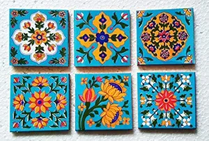 Shiv Kripa Blue Pottery Pattern Ceramic Home Decor Flooring Wall Kitchen Washroom Tabletop Interior Exterior Wall Furniture Tile Mural Panel 4 x 4 Inch Tiles Pack of 6 Tiles (Sky Blue & Multi)