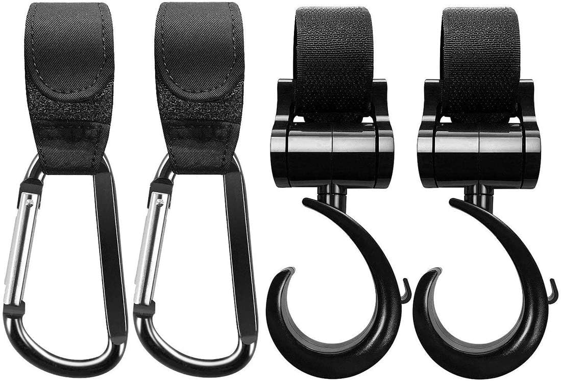 Dreamslink Universal Fit Stroller Pram Hook Buggy Clip, Pack of 4 & Stroller Organiser Holders (Black)