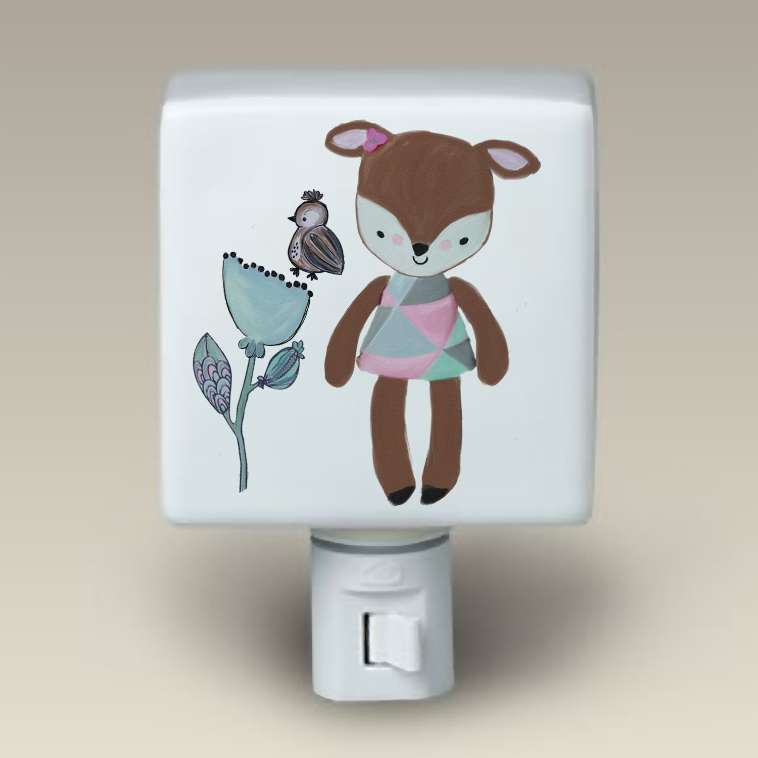Fiona Fawn Deer Night Light Ceramic Nightlight Fawn Deer with Sparrow and Flower