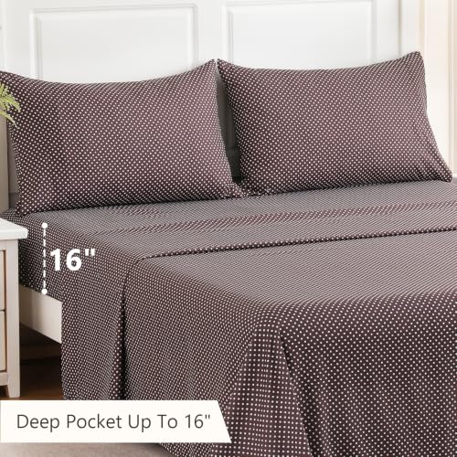 Image of MCO 4Pieces Polka Dot Sheets Set, Breathable King Sheet Set with 16 inch Deep Pocket, Modern & Luxury, Brushed Microfiber Bedding Set(King, Polkadot Brown)