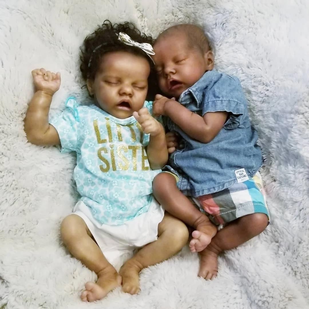 RXDOLL Reborn Baby Dolls silikonowe pełne ciało czarne bliźnięta dziewczynka i chłopiec, 45 cm realistyczna lalka bobas miękka winylowa ciemna skóra, afroamerykańska realistyczna noworodek śpiące