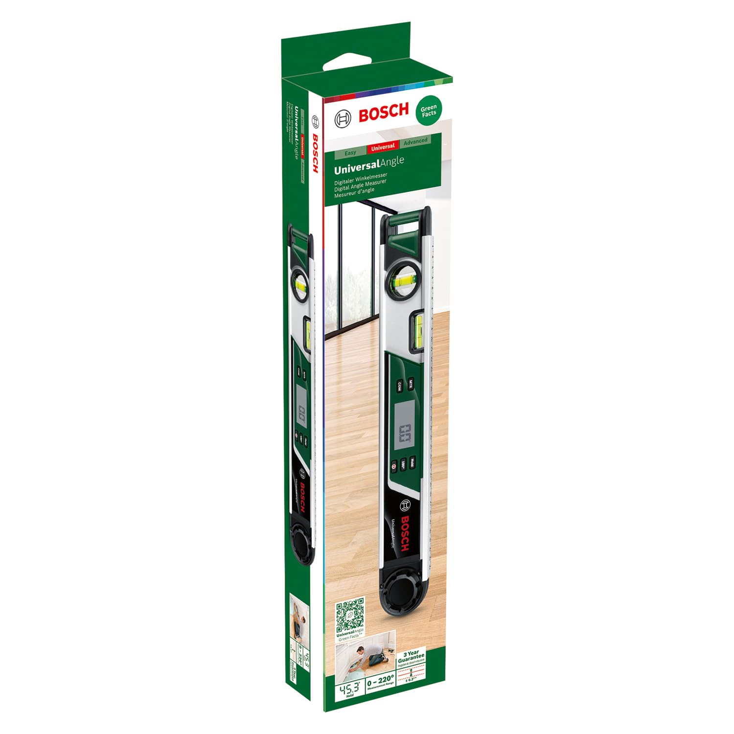 Bosch medidor digital de ángulos UniversalAngle (mide y transfiere con precisión ángulos de hasta 220°, con función de cálculo integrada para ángulos de inglete, en caja de cartón)