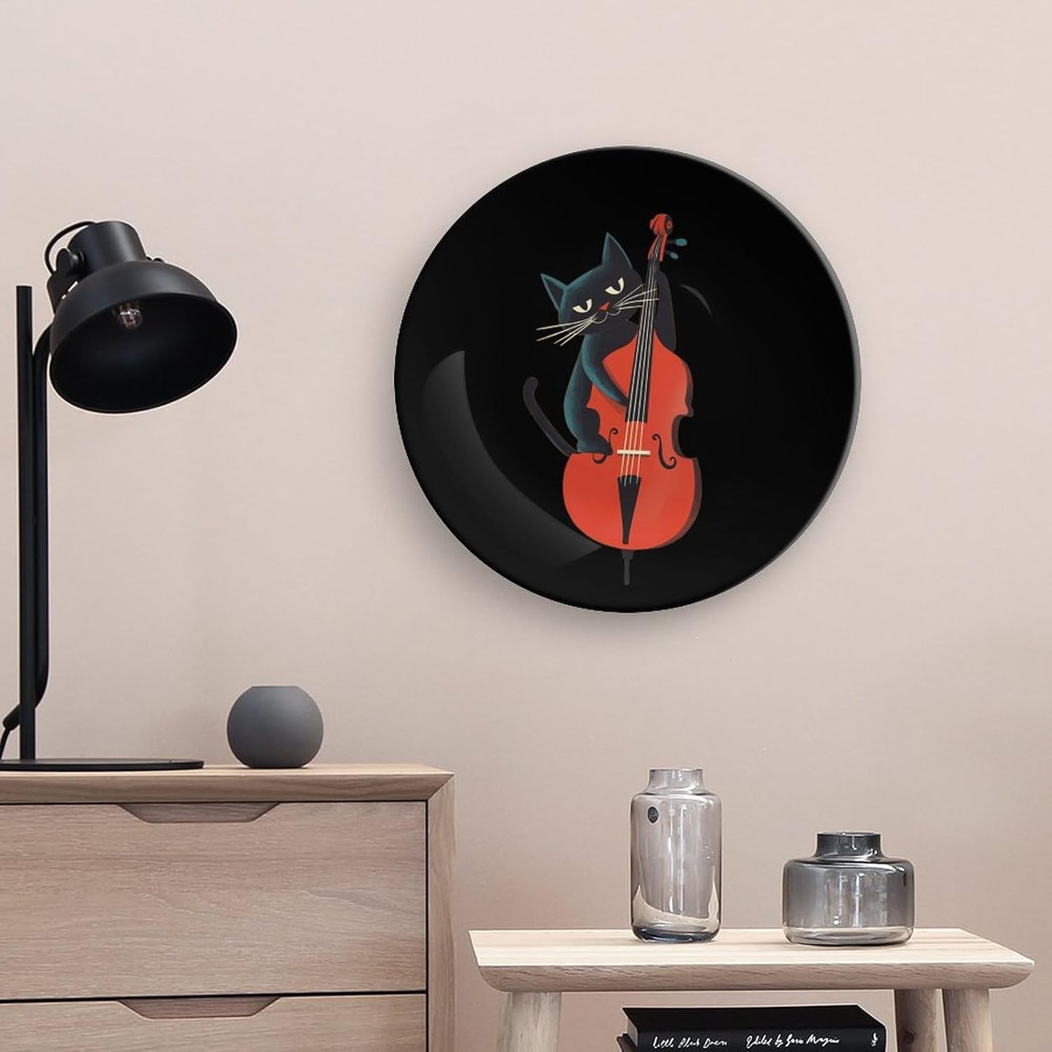 Black Cat Playing Violoncello Decorative Plates for Display Ceramic Plate Tray with Stand Hanger Home Decor