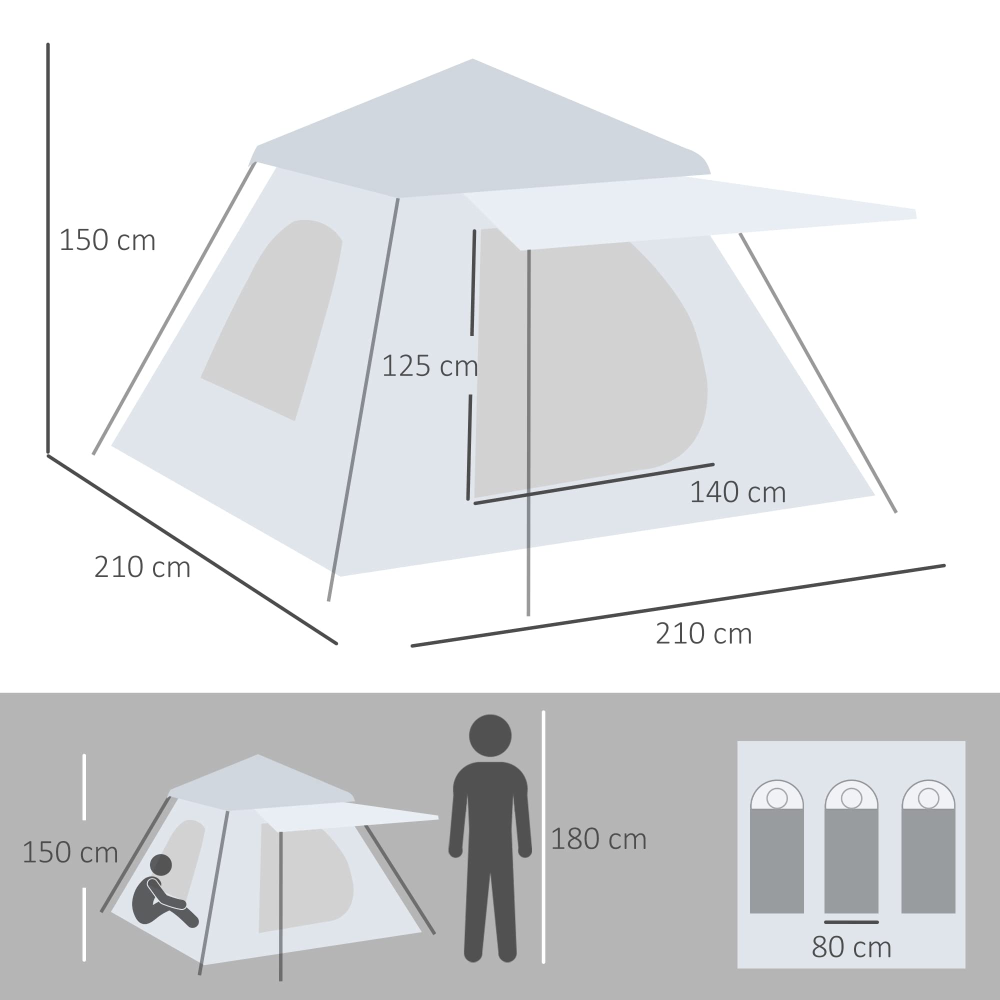 Outsunny Tienda de Campaña Pop-up 2-3 Personas Impermeable 2000 mm UV50+ 210x210x150 cm