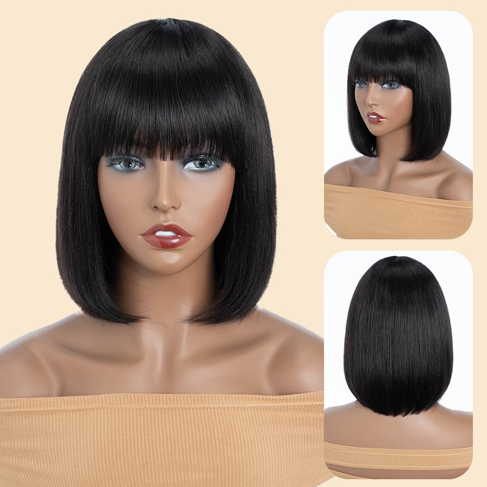 Human Hair Wigs for Women Brazilian Virgin Hair Straight Short Bob Wig with Bangs Glueless Machine Made 150% Density (1B, 10 inches)