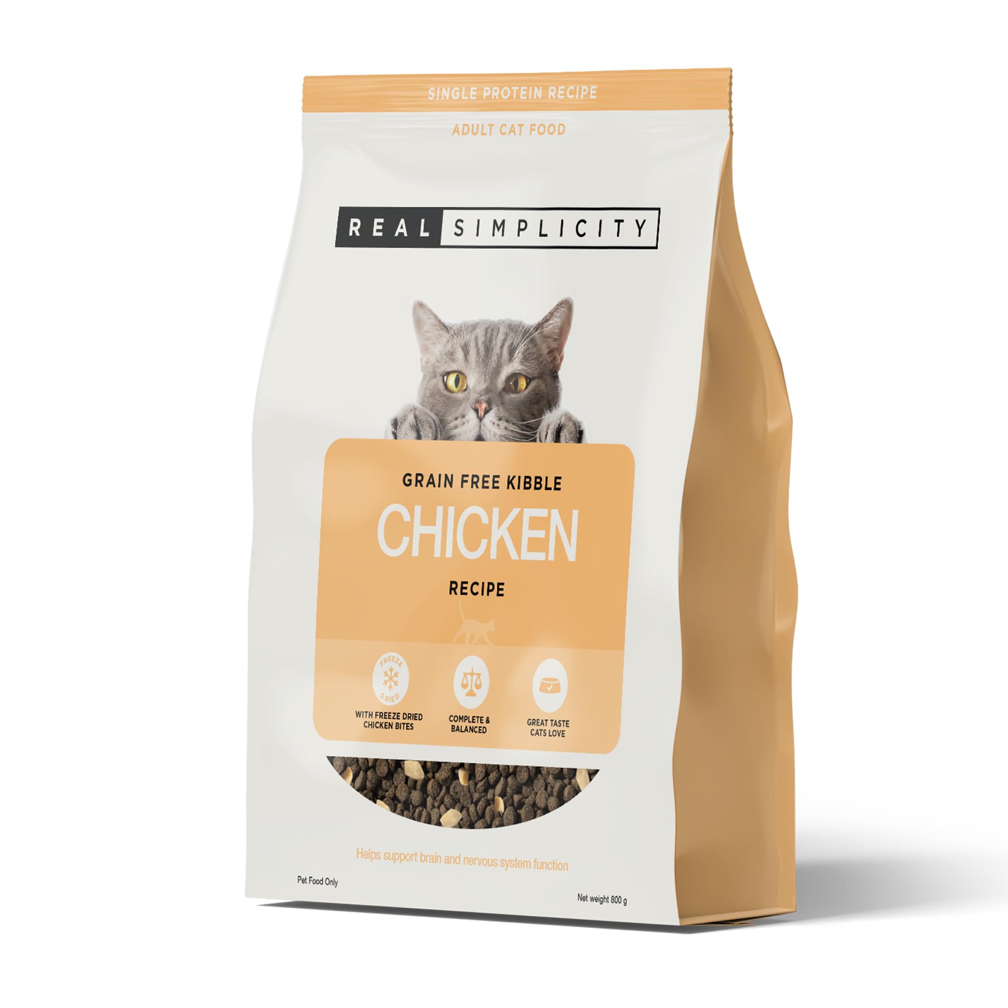 Real Simplicity Dry Cat Food for Adult & Senior Cats (1.6KG), Single Protein Cage Free Chicken Recipe, Complete & Balanced Kibble with Freeze-Dried Chicken Bites, Supports Brain & Nervous System