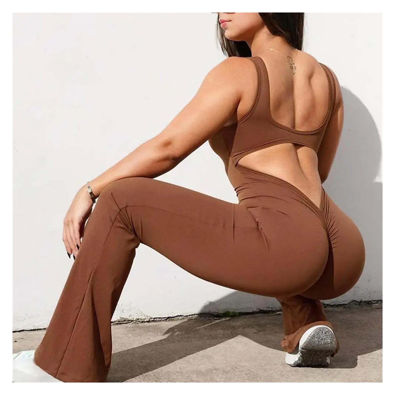 Body De Yoga con Espalda Descubierta Mono Deportivo Elegante sin Mangas con Cintura levantada y Dobladillo Acampanado for Mujer, Estilo melocotón, for Verano para Yoga Gimnasio(Black,XL)
