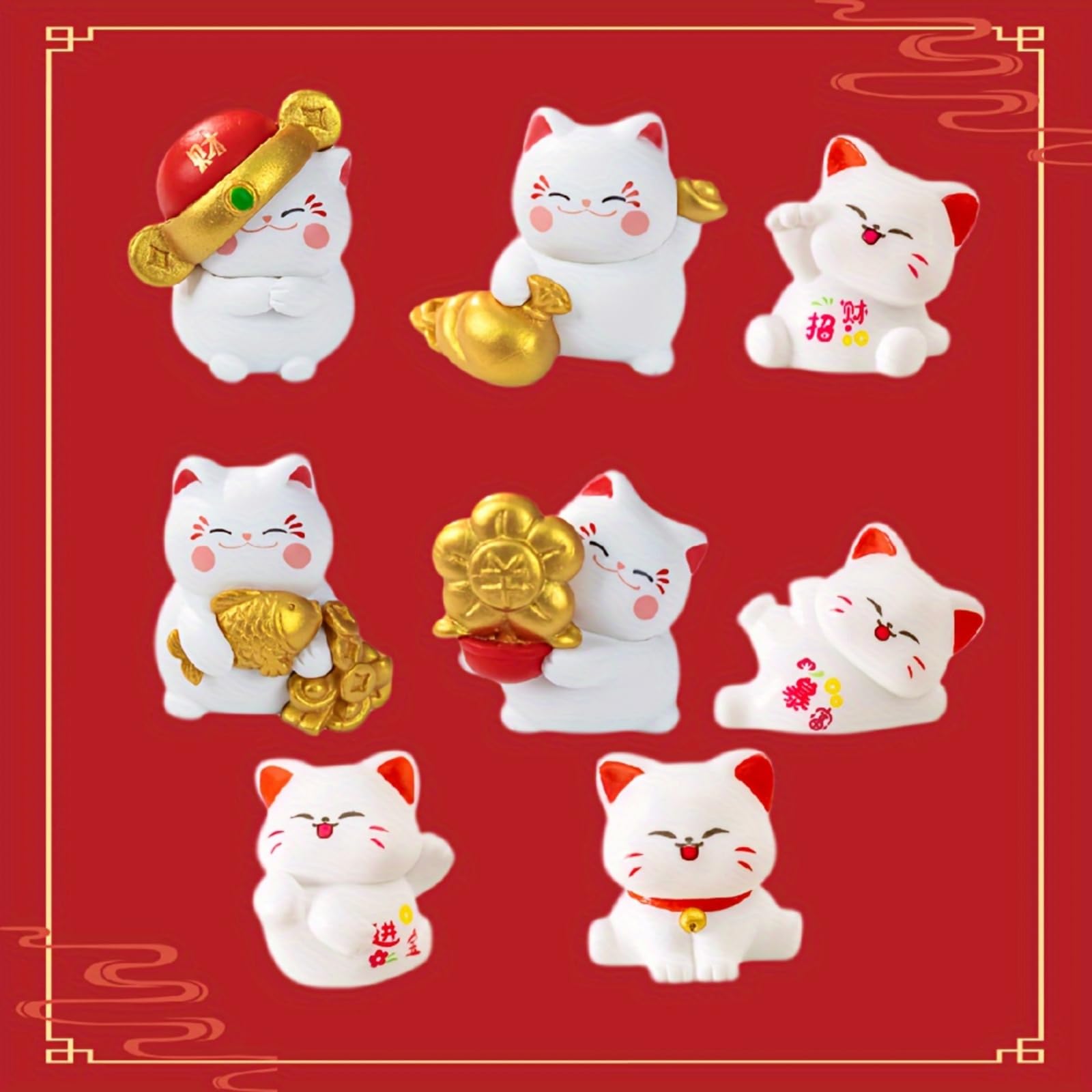 8 Pcs Lucky Cat Figures, Cat Figurines Set Cake Toppers Home Desktop Decor, Plant, Automobile Decoration, Landscape Scenes