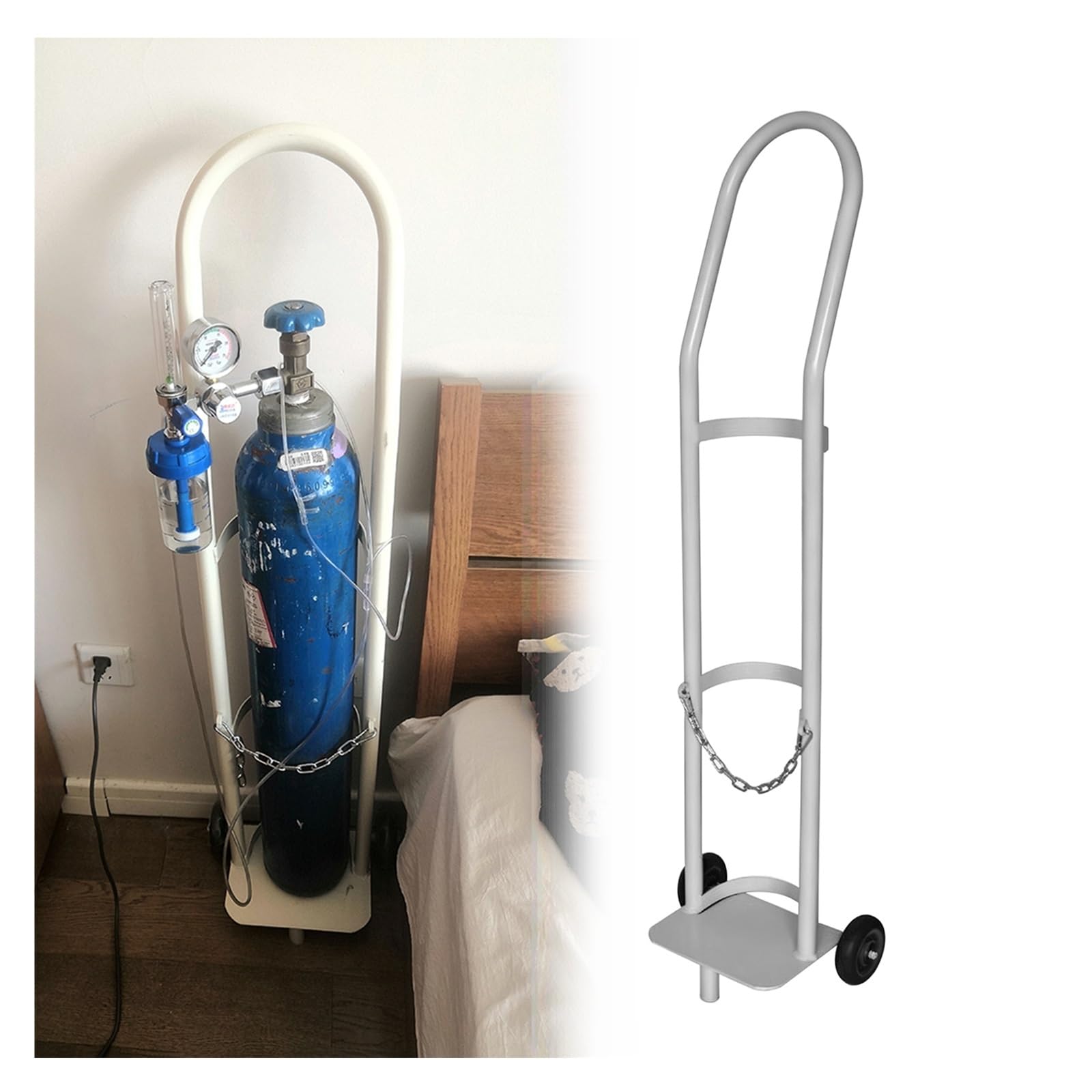 Generico Carrello Portatile per bombole di Ossigeno, Carrello a 2 Ruote in Acciaio per bombole di Gas per Uso ospedaliero, clinico e casa di Cura (Bianco, Altezza 95 cm)