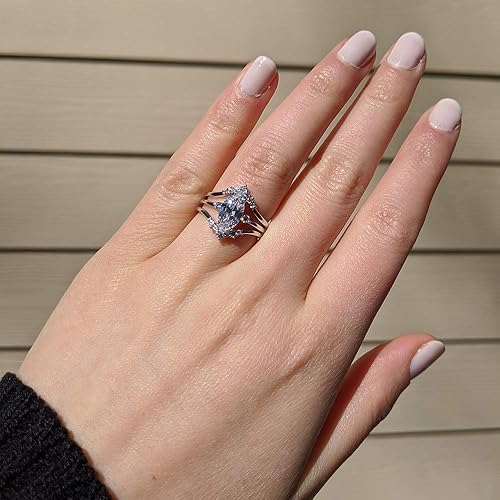 Vista 5 de TwoBirch Juego nupcial de tres anillos de plata 925 con anillo de compromiso marquesa de tres piedras y dos bandas de contorno Chevron a juego