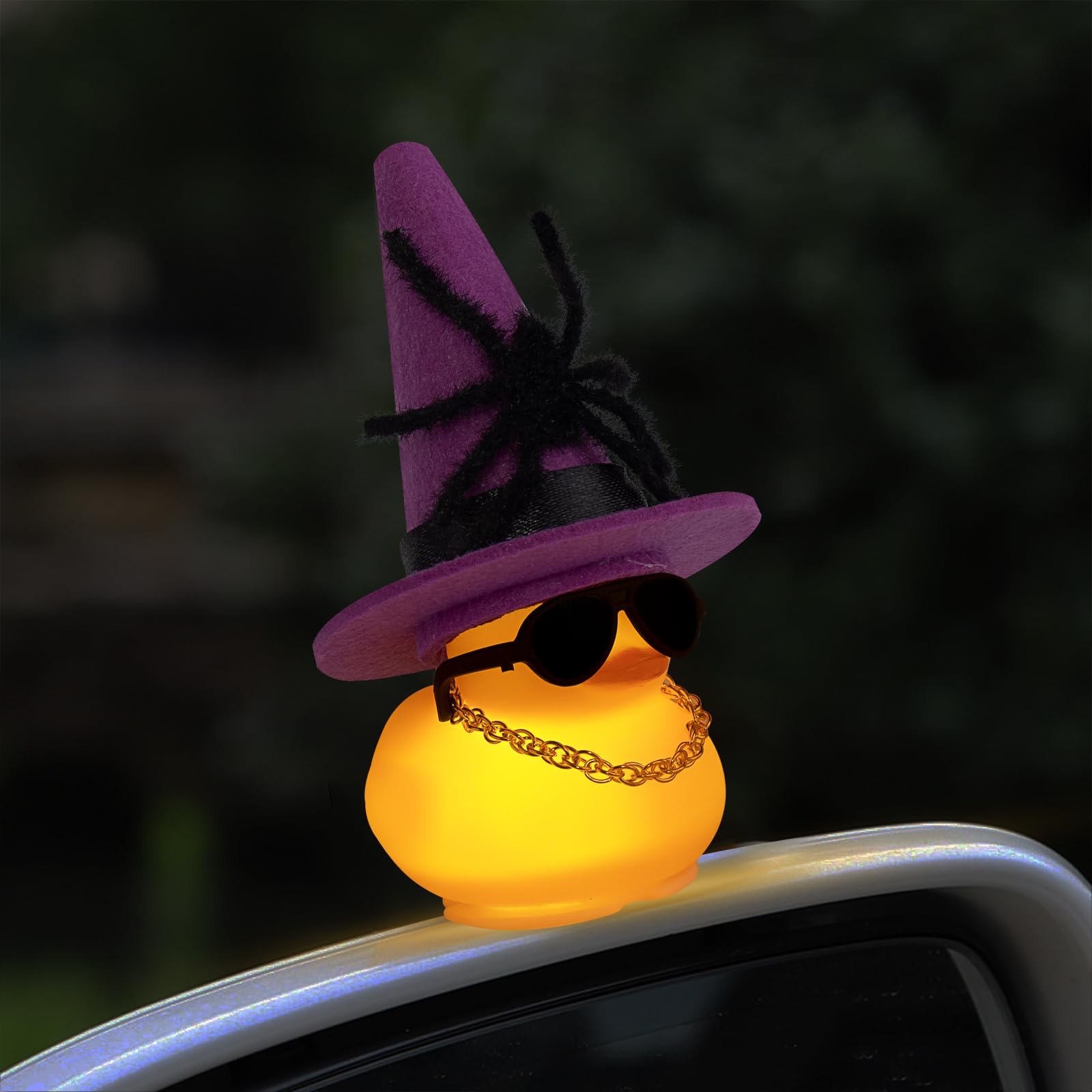 wonuu Scary Spider Rubber Duck with Light for Halloween Decoration Car Ornament Home Decor Mini Ducky All Saints Day Cosplay Ducks with Sunglasses Necklace, Assemble Needed, Purple Black Hat