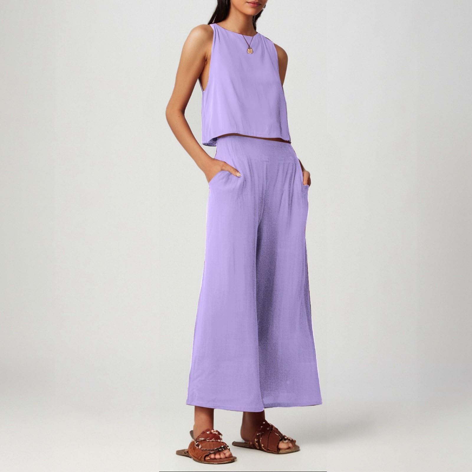 Damen Zweiteiler Sommer Musselin Hosenanzüge Elegant Tank Top Und Hose Leinen Baumwolle Freizeitanzug Casual Leicht Anzug Ärmelloses Einfarbig Loungewear, S-4Xl