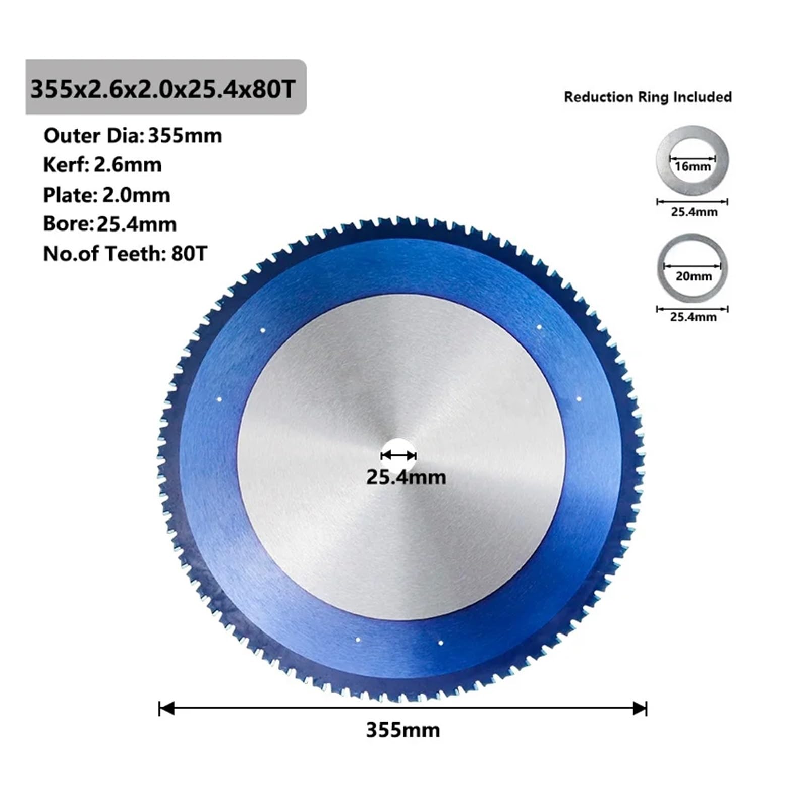 Corte de Metal 180-355 mm Circular for Cortar Aluminio, Hierro, Acero, carburo Revestido de Azul(355x2.6x2.0x25.4x80T)