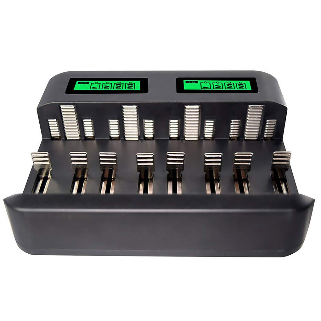 Leeadwaey Chargeur de batterie 8 emplacements alimenté par USB AA/AAA/C/D avec écran LCD Noir