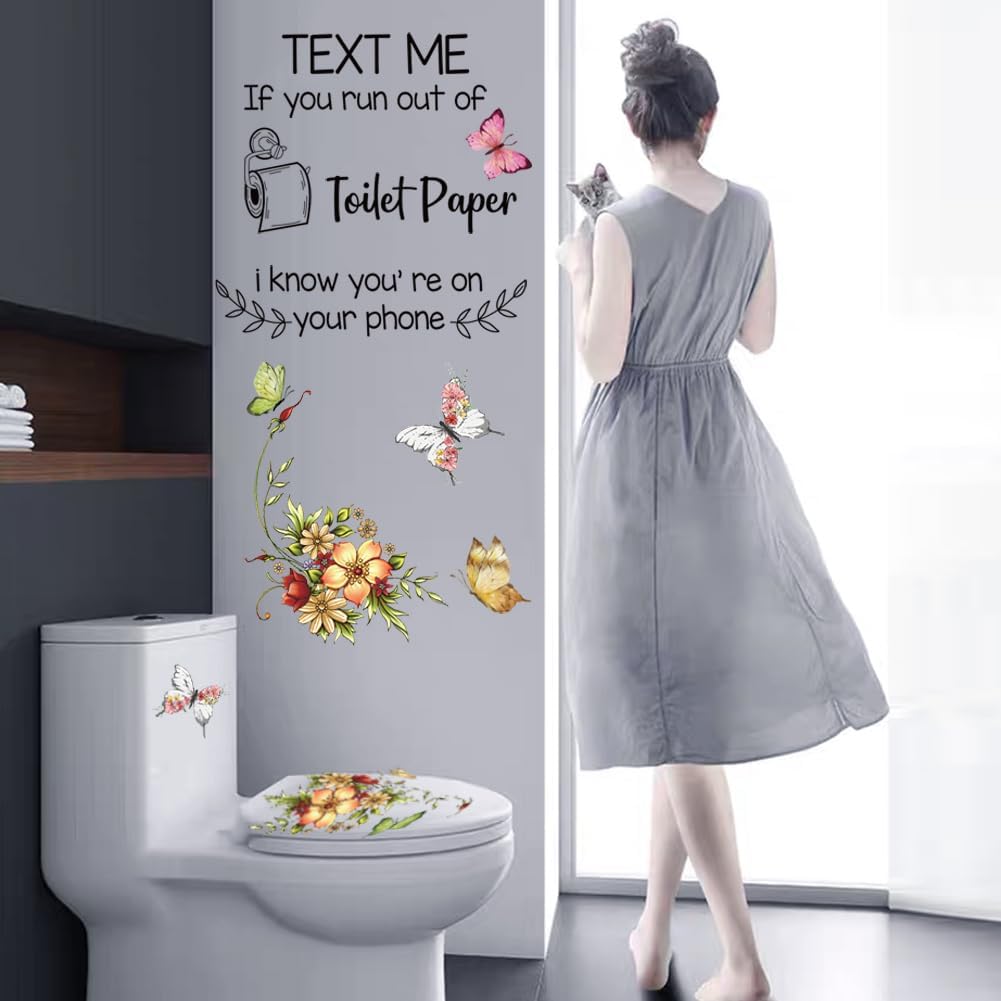 Wall Decals Toilet Theme PVC Wall Sticker Toilet Paper Pattern Vinyl Wall Art Wall Decal Text Me If You Run Out of Toilet Paper Warm Reminder Words Wall Decor for Toilet Tips Home Decor. (Color1)