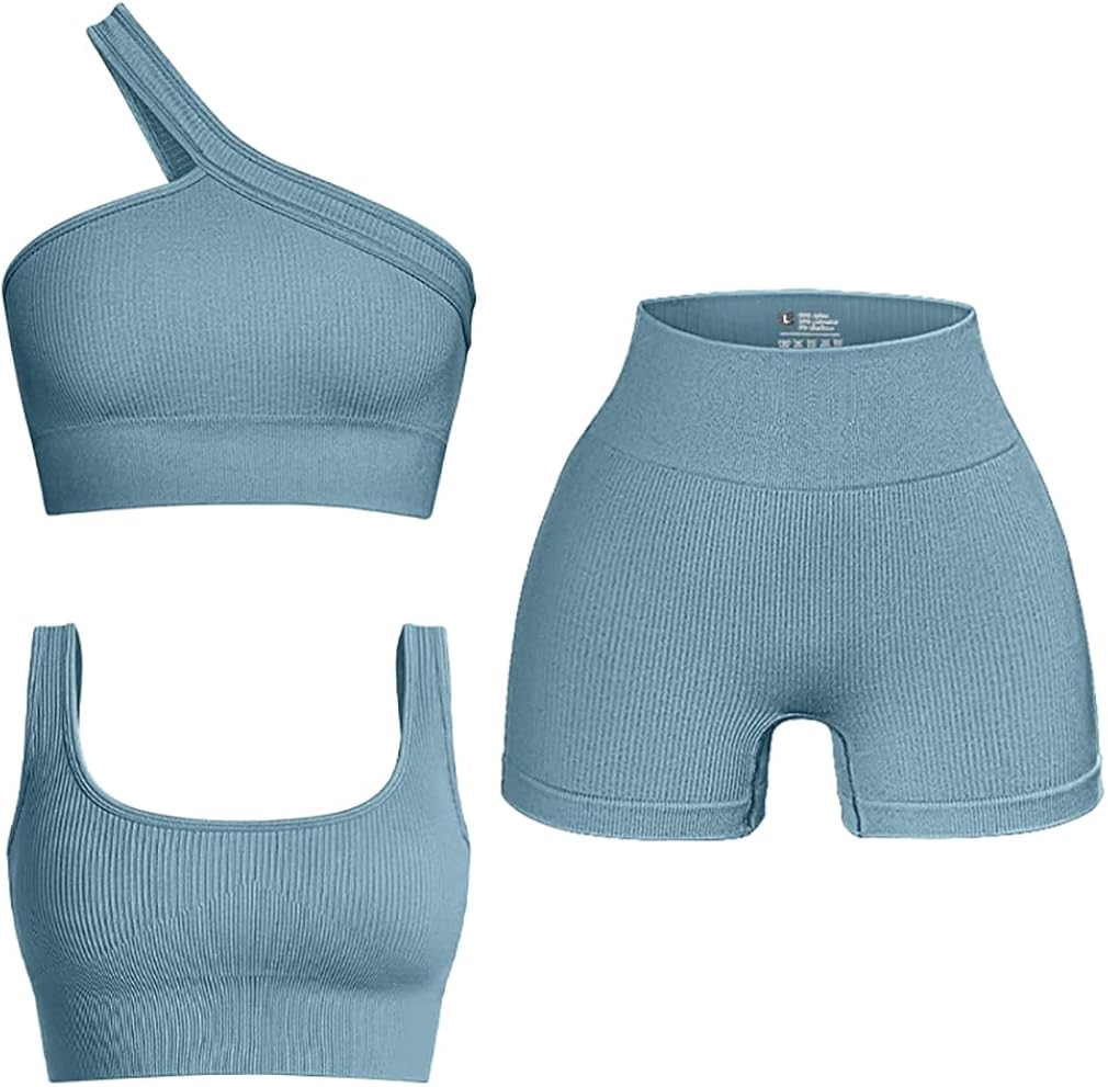 OQQ Women's 3 Piece Outfits Ribbed Seamless Exercise Scoop Neck Sports Bra One Shoulder Tops High Waist Shorts Active Set : Clothing, Shoes & Jewelry