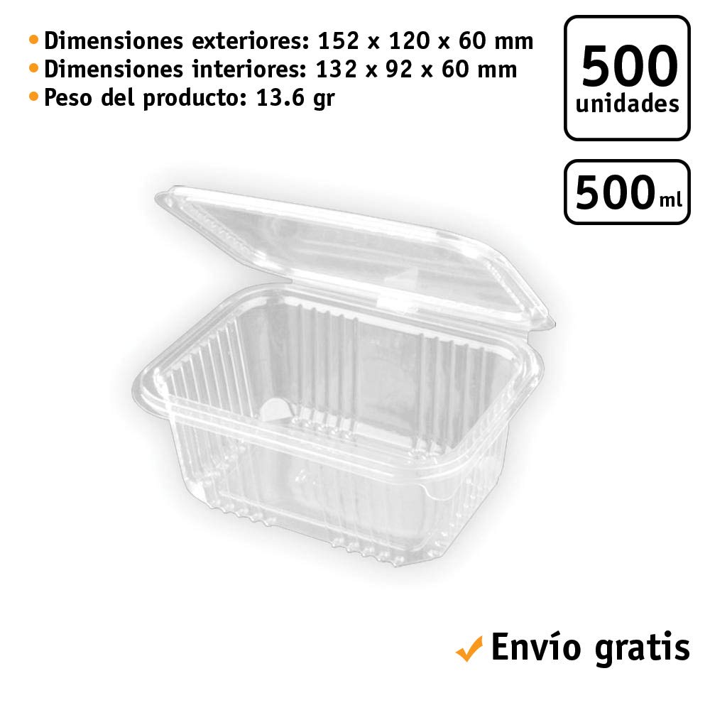 500 uds - Envase recipiente para comidas frías con tapa bisagra rectangular - Capacidad 500 ml - Polietileno (PET) transparente