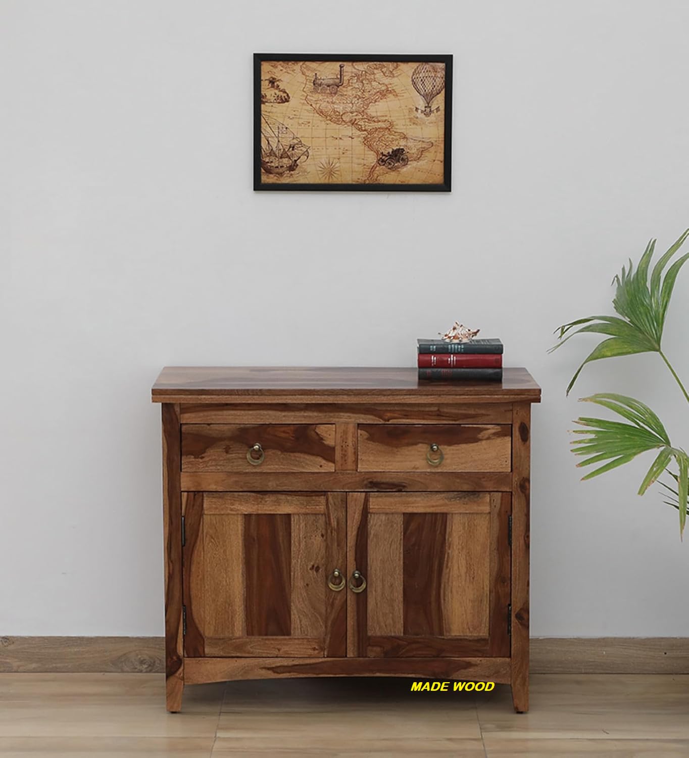 MADE WOOD Sheesham Wood Sideboard Cabinet with 2 Drawers & 2 Door Storage, Rustic Teak Finish-image-18