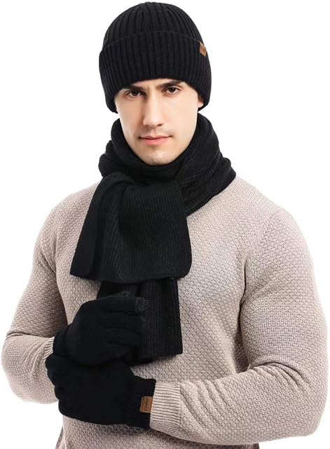 Alltops Boy Men Winter Beanie Hat Scarf Gloves Set Touch Screen Mittens