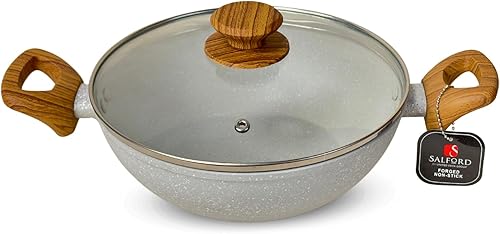 SALFORD Sartén antiadherente forjada de 9.4 pulgadas con tapa de vidrio, Kadai de aluminio de 3.25 litros con base de inducción, sin PFOA, mango de