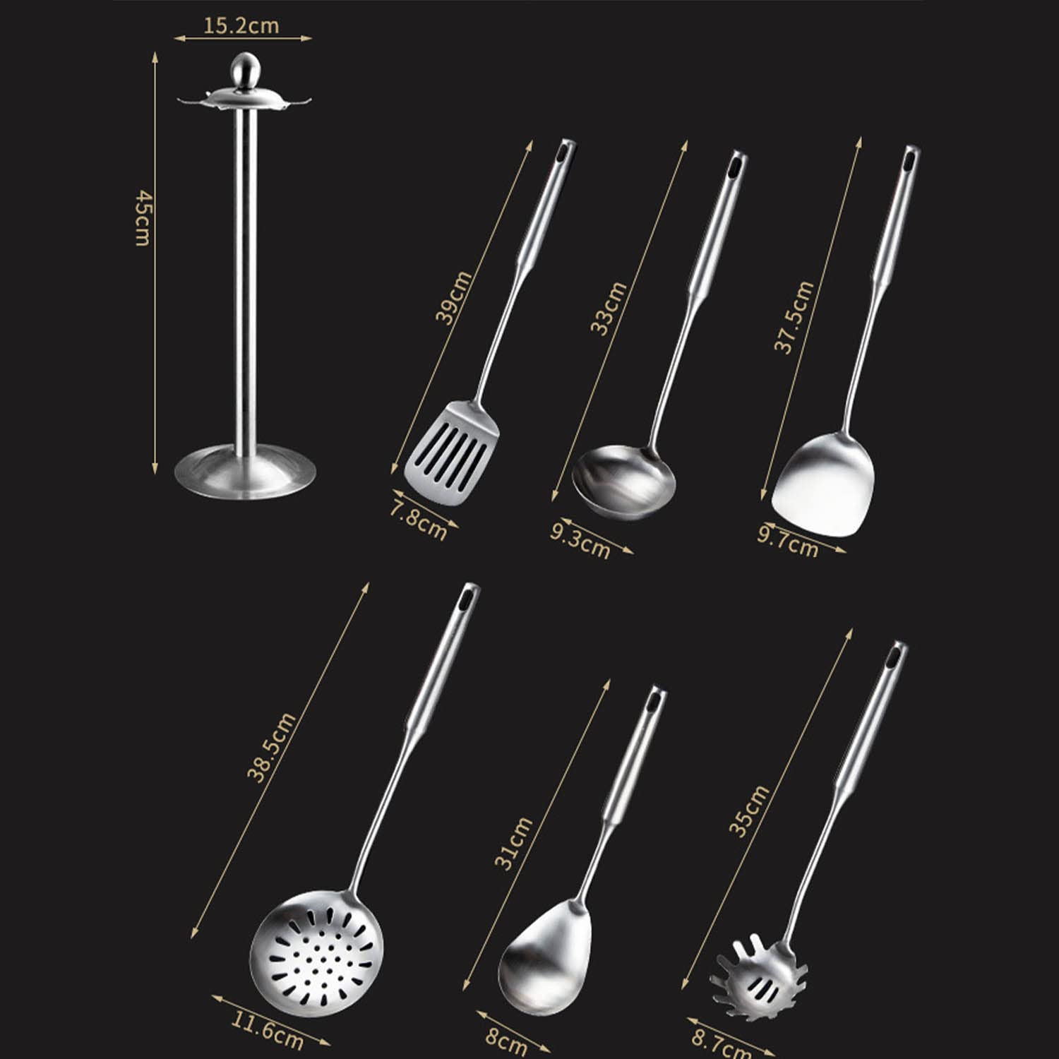7pcs Ustensiles de Cuisine en Acier Inoxydable Set avec Spatule Porte-Ustensiles Antiadhésif Résistant à la Chaleur Outil de Chef Cadeau, Argent