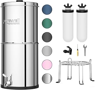 Purewell 3-Stage Gravity Fed Water Filter System, 2.25 Gallon Stainless Steel Countertop System with 2 Washable Ceramic Filters and Stand, Reduce up to 99% Chlorine, PW-OBT