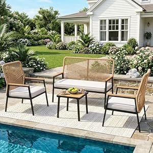 LIFERUN Gartenmöbel Set, Gartenstuhl Rattan Set, mit 2 Rattan Stühlen 1 Gartenbank und Tisch, 4-teiliges Gartenset, Outdoor Balkonmöbel Metall und Rattan, Bis 160 kg, für Terrasse Garten Veranda, Beige