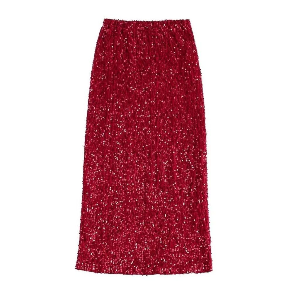 SWEPER Jupe Courte Femme - Jupe Rouge À Paillettes pour Femmes, Jupe De Luxe Élégante, Taille Élastique, Slim, Brillante, Ligne A, Cheville