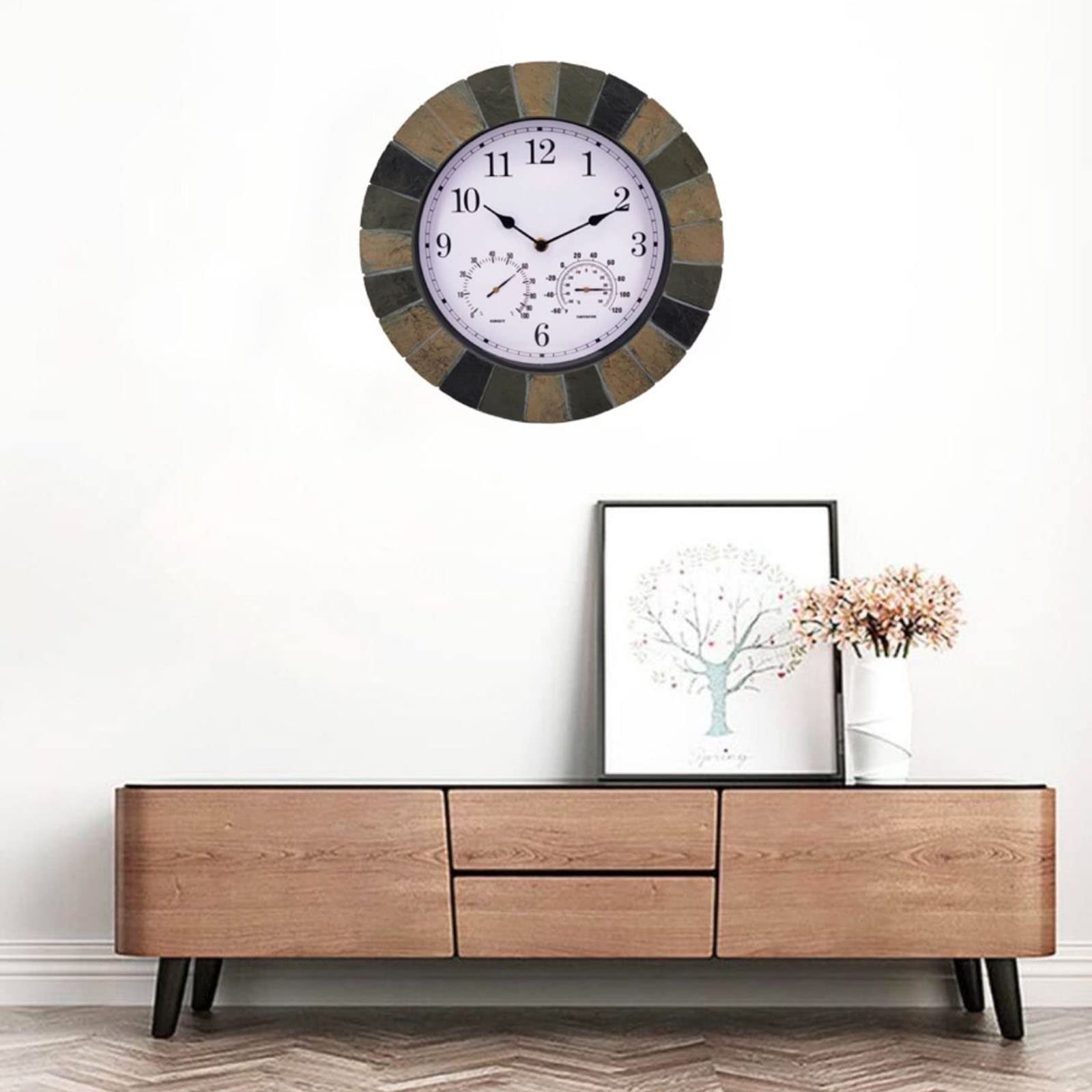 Reloj de pared para interiores y exteriores de 13 pulgadas con temperatura y humedad, funciona con pilas, reloj silencioso para temperatura y humedad del hogar