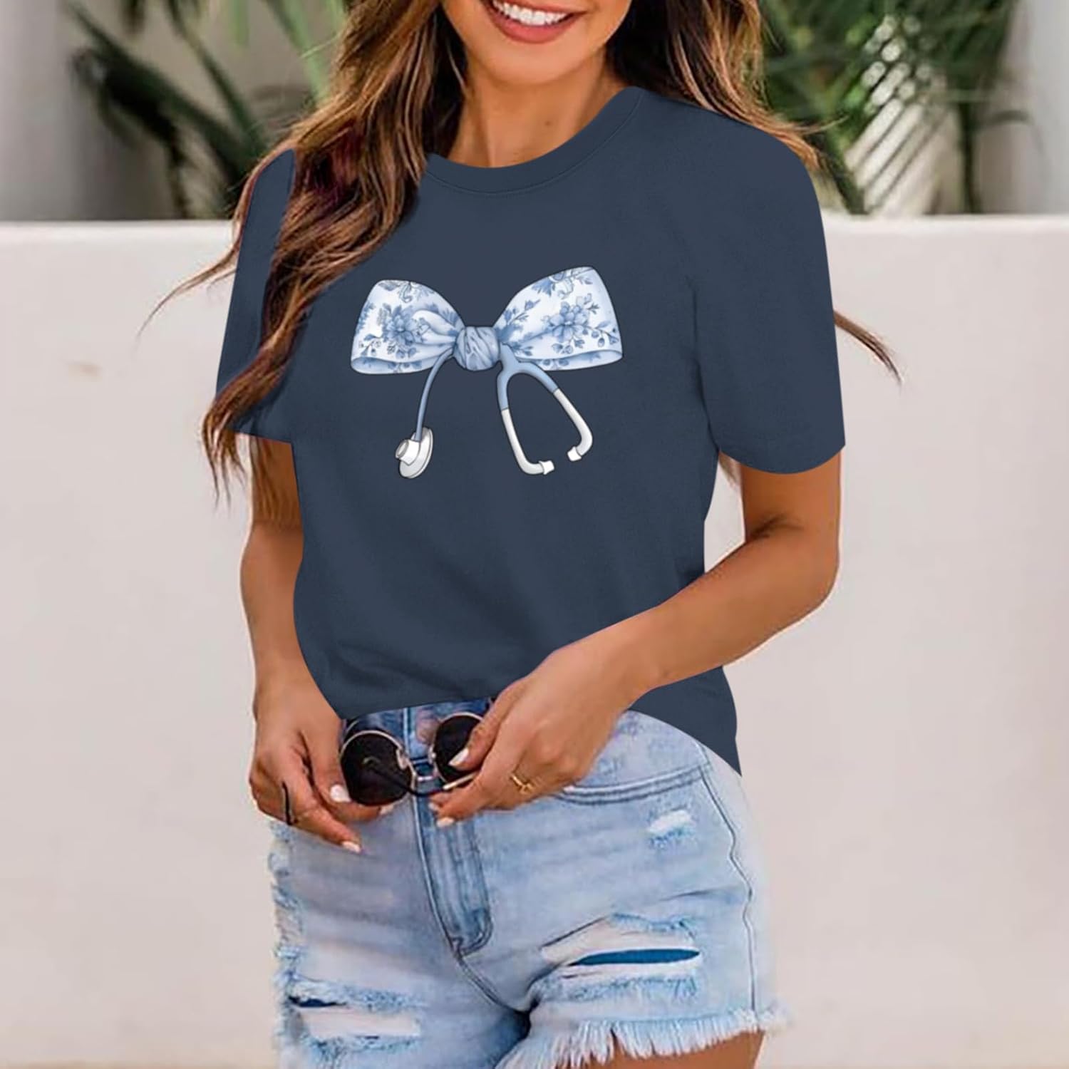 KIEKIECOO Nurse Shirts for Women Funny Bow Stethoscope Graphic Tees Floral Boho Nurse Life Tshirt Nurses Day Gift Summer Tops - Image 2