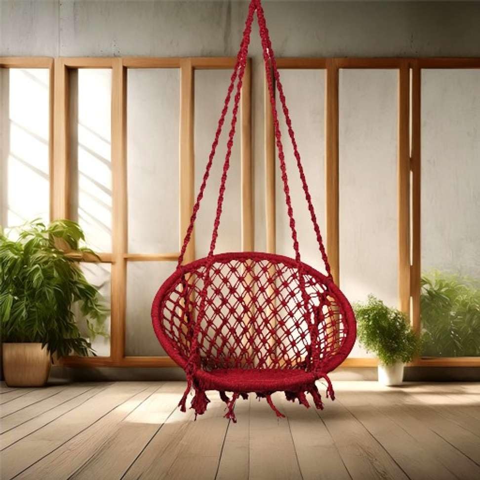 Premium Macrame Hammock Swing Chair, Cotton,roumdShape, 80 x 80 cm, Indoor Outdoor, Single Seating Capacity, Easy Assembly (red)-image-24