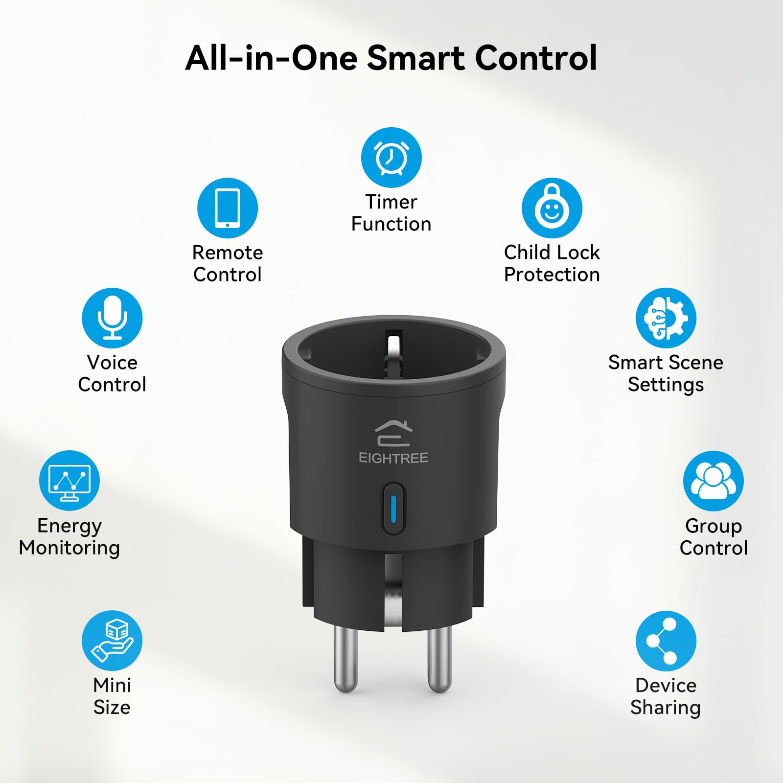 EIGHTREE Presa Smart WLAN, confezione da 4 pezzi, accessori Alexa, presa WiFi con misurazione della corrente, controllo vocale e timer, Smart Home funziona con Alexa, Google Home, certificazione TÜV