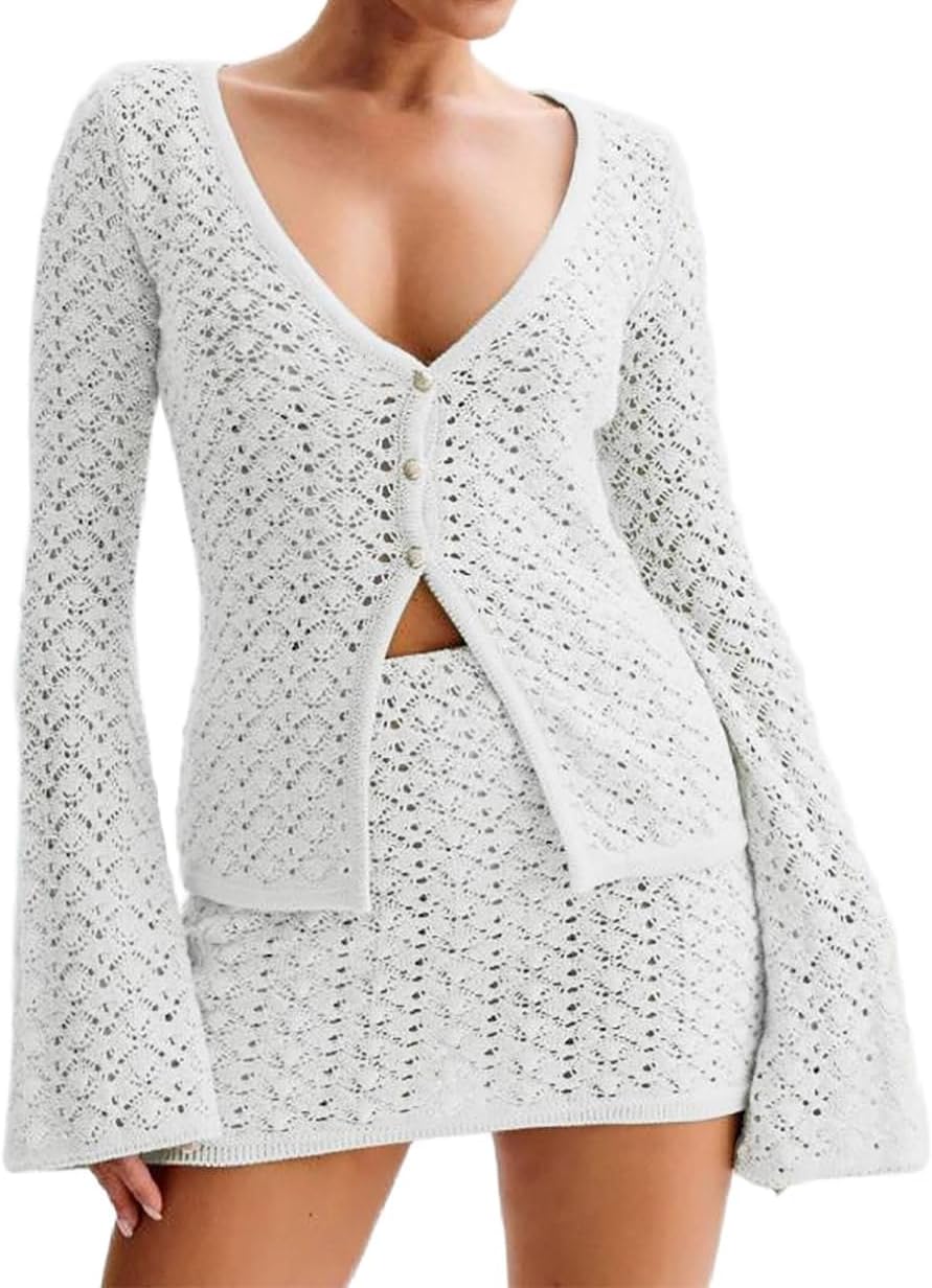 Women Crochet 2 Piece Outfits Set Swimwear Cover Up Flared Long Sleeve Button Down Tops Beach Mini Skirt Vacation Outfits