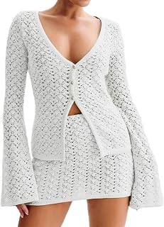 Women Crochet 2 Piece Outfits Set Swimwear Cover Up Flared Long Sleeve Button Down Tops Beach Mini Skirt Vacation Outfits