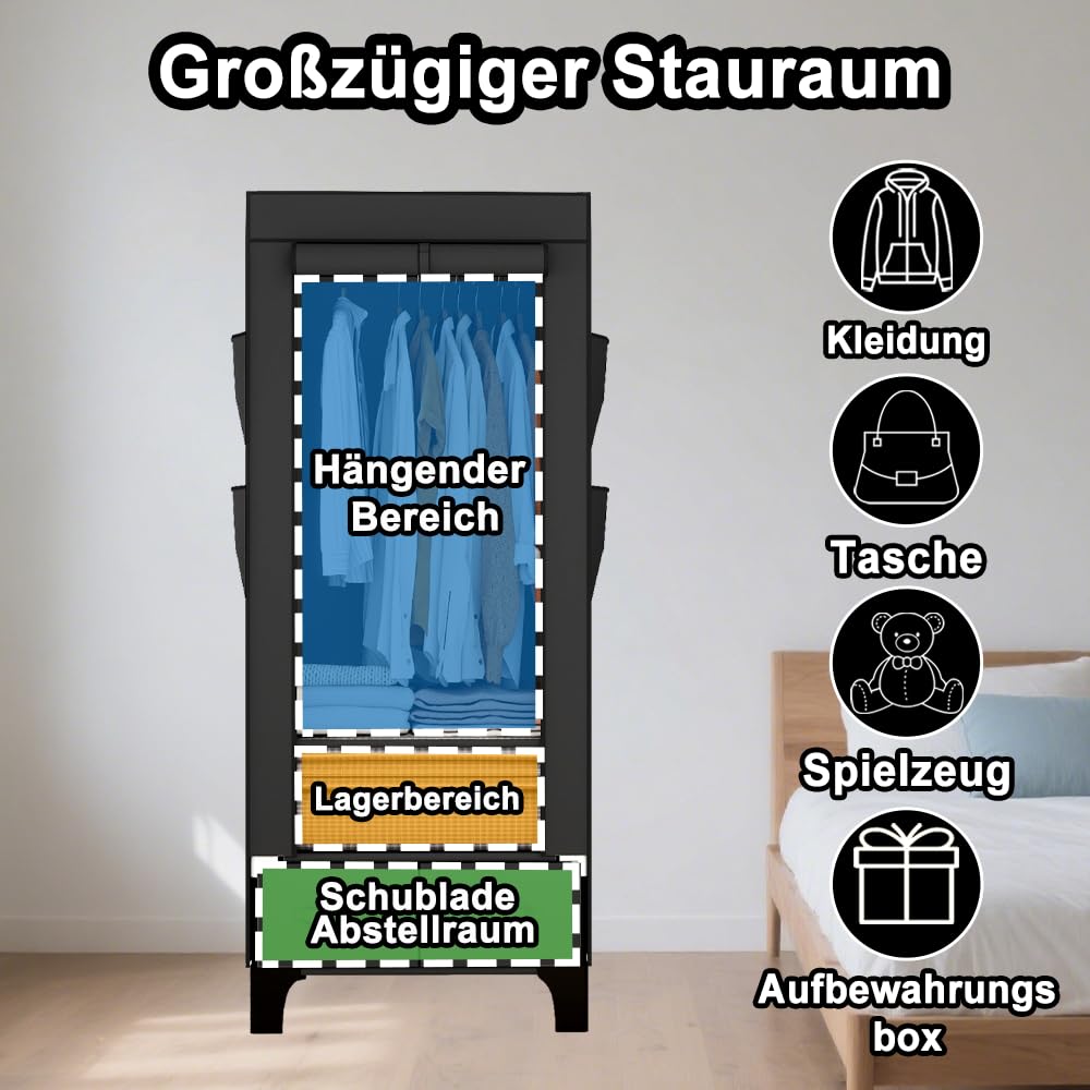 OPPAIYA Stoffschrank Stabil & Schmal 69cm, Faltbarer Kleiderschrank mit 2 Schubladen & 8 Seitentaschen, Kleiderständer Stabil mit Abdeckung, Campingschrank für Schlafzimmer, 69x45x160 cm Schwarz