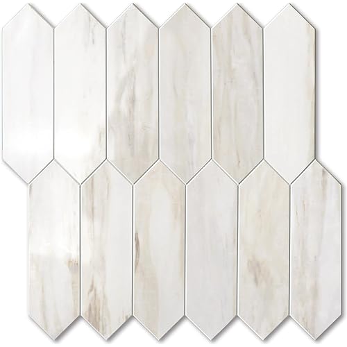 Vamos Tile Glossy Wood Marble Grain Backsplash Tile Peel and Stick, 12.8 x 12.8 Inch 10 Sheets Long Hexagon PVC Self Adhesive Mosaic Wall Tiles Stick on Backsplash for Kitchen and Bathroom