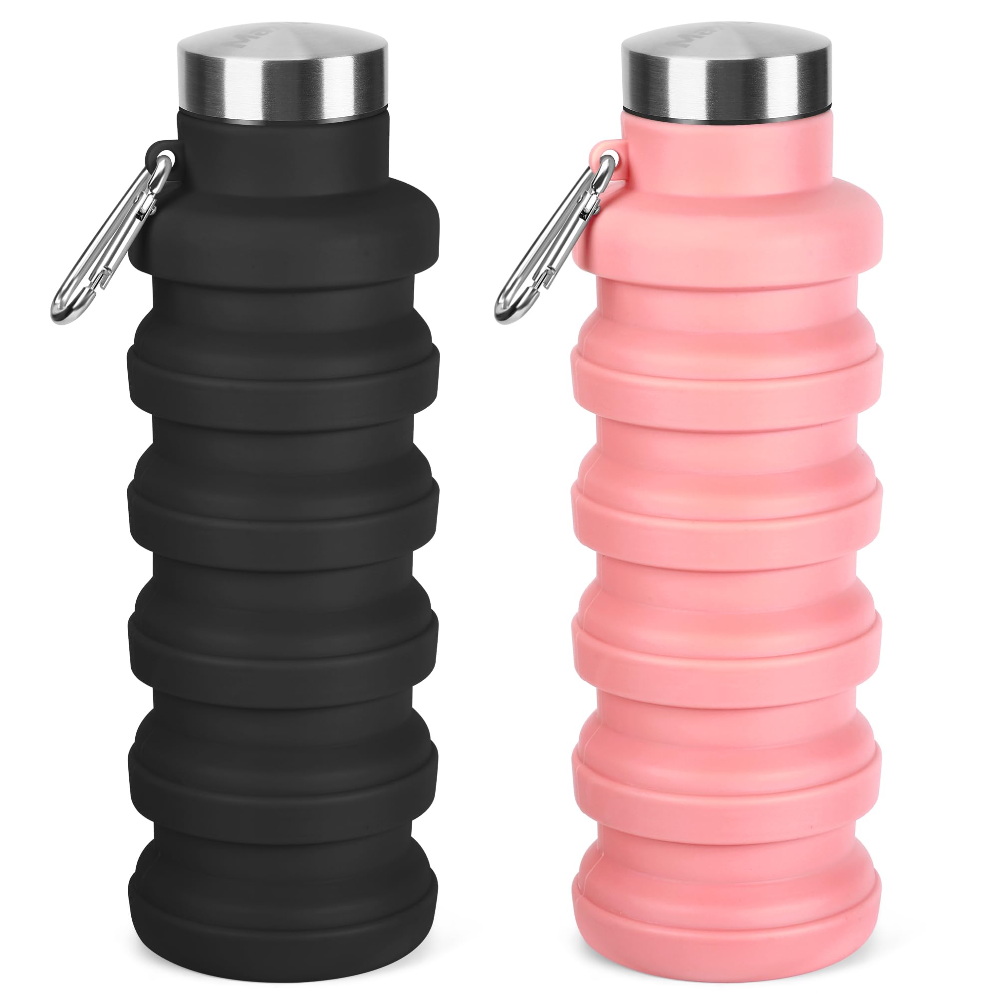 Rotayi Collapsible Water Bottle, 16oz Portable Reusable Silicone Water Bottle with Carabiner for Gym, Travel, Camping, Hiking, Sports, Lightweight, BPA-Free, Leak-Proof, Foldable Design(Black+Pink) — image 1