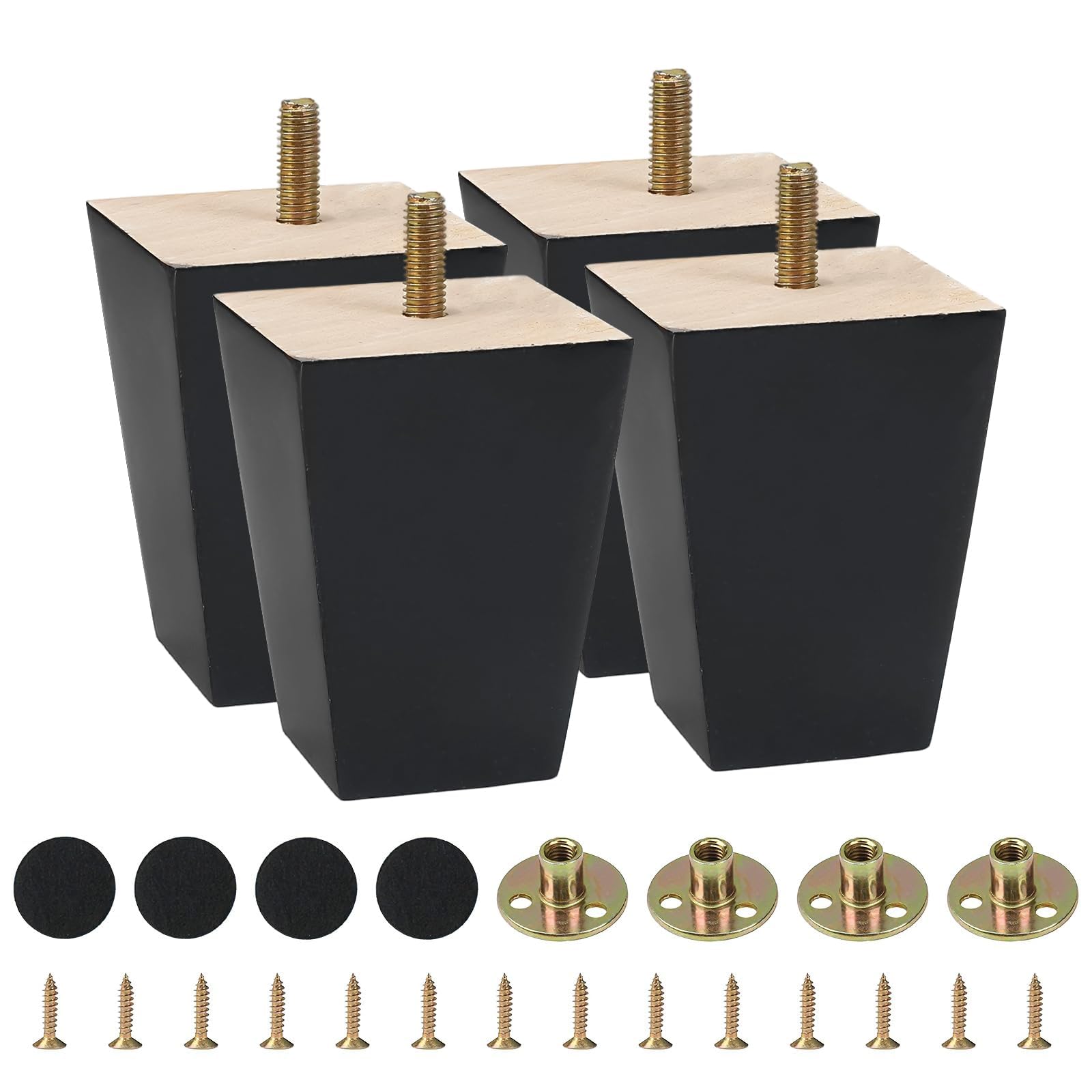Minnhua 4PCS Solid Wood Furniture Legs 8cm Wooden Sofa Legs Chair Legs Table Legs Black Furniture Replacement Feet M8 Thread with Mounting Plates Screws Non-Slip Mat for Couch Bed TV Cabinet โ image 1