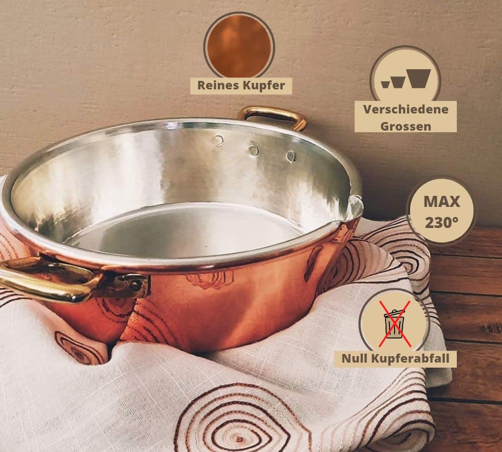 CREARTISTIC 100% Made in Italy Verzinntes Risotto kupfertöpfe – 26x8cm, 2.8L, 2 Handschellen aus Messing und praktischem Ausguss - Verwenden Sie Küchenkellen aus Holz oder silicon, Handgefertigt