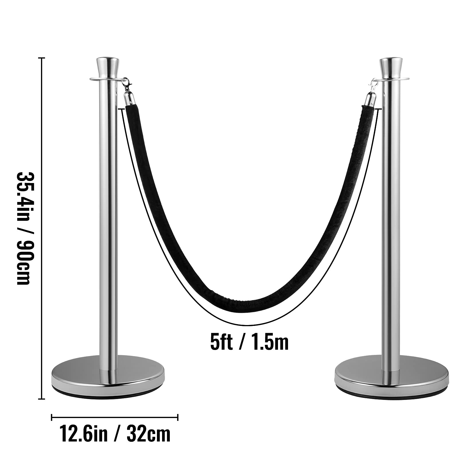 VEVOR Poste Guía 2 Piezas 90 cm Barrera de Marcado de Control de Multitudes con Cuerda de Terciopelo 1,5 m para Cola de Separación de Demarcación en Escuela Pública Teatro Hotel Exposición, Negro