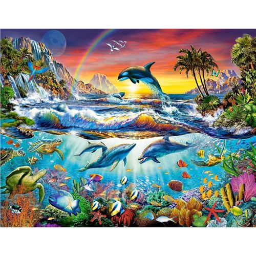 GLIDIAM 50x40cm Diamond Painting Delfine Sonnenuntergang, Diamant Malerei Bilder Tiere Meer, DIY Full Drill Basteln Erwachsene, Mosaik Stickerei Kreuzstich Geschenk für Wanddeko Wohnzimmer GLIDIAM 50x40cm Diamond Painting Delfine Sonnenuntergang, Diamant Malerei Bilder Tiere Meer, DIY Full Drill Basteln Erwachsene, Mosaik Stickerei Kreuzstich Geschenk für Wanddeko Wohnzimmer