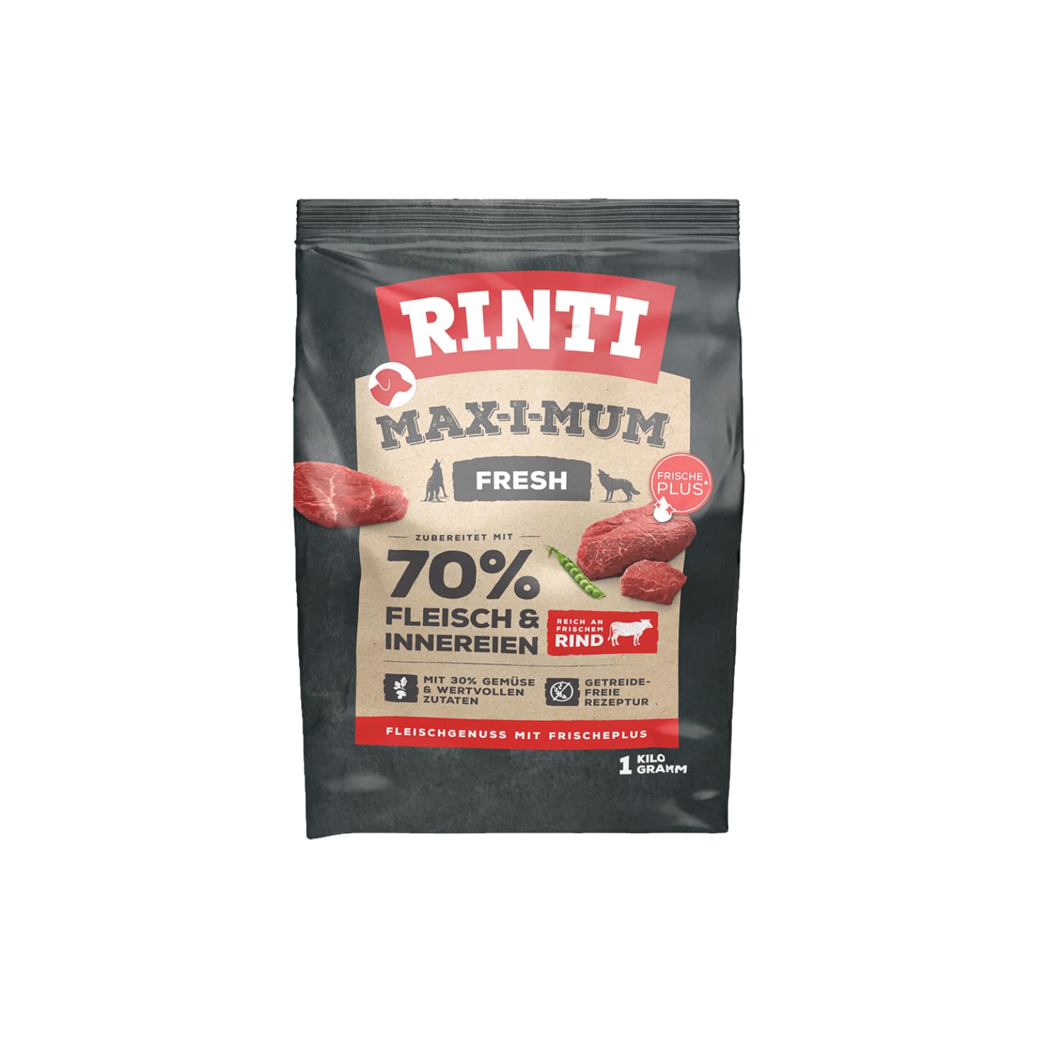 RINTI - Max-i-Mum | Trockenfutter für ausgewachsene Hunde mit 70% Fleisch und Innereien. Getreidefreies Alleinfutter im Beutel mit ausgewogenem Protein-/Fett-Verhältnis | 7x1kg Rind