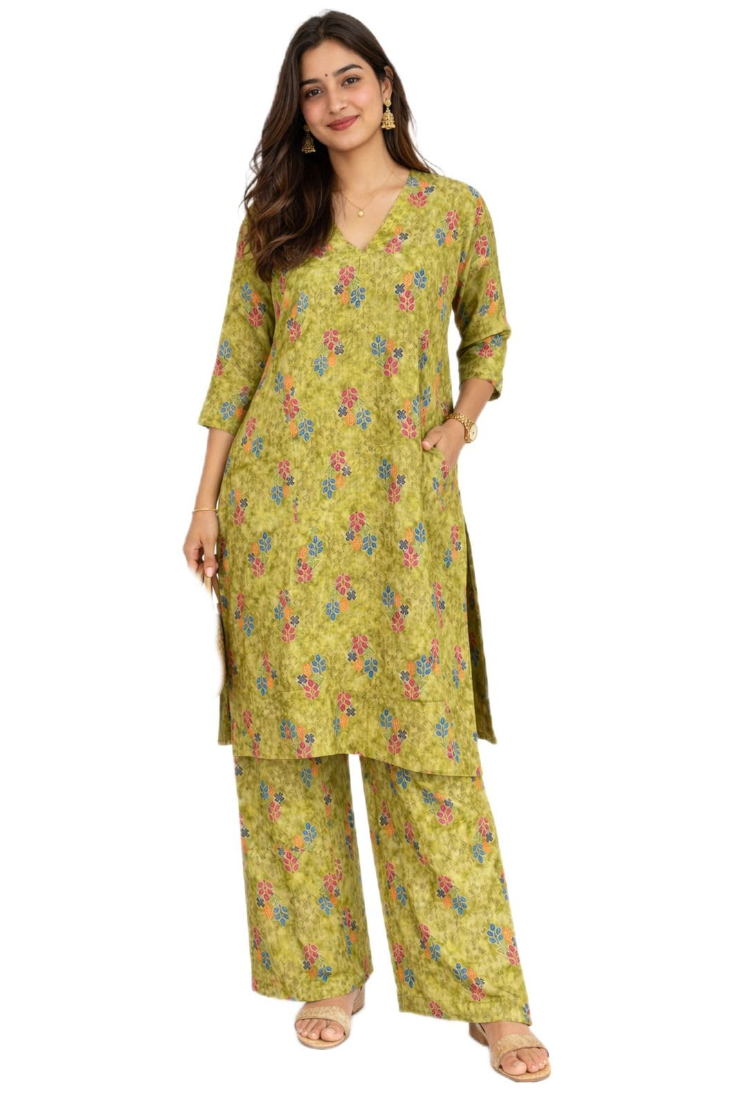 Slitted Kurti and Pants Co ord Set Knee Length Olive Green | 2XL| Comfortable and Stylish | Casual & Special Occasion-image-20