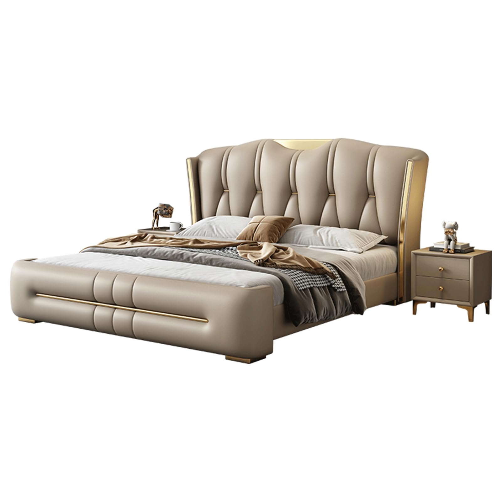 King Size Genuine Leather Bed Upholstered Platform Bed Frame with Wingback Headboard and Storage Drawers Strong Wooden Slat