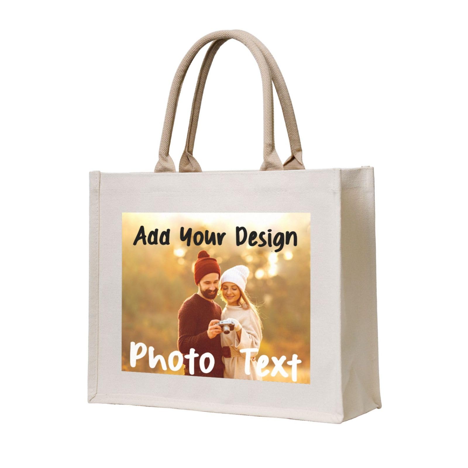 YIJIUWKIS Personalised Canvas Tote Bag with Photo Text Logo Name Custom Jute Bag Add Your Own Design Present Bag for Beach, Travel, Work, Shopping Gifts for Teacher, Mum, Friends, Bridesmaid, 40x33cm