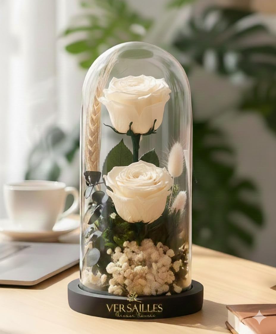 Versailles Eternal Double White Rose in Medium Glass Dome – Preserved Real Roses with Preserved Wheat Grass, Cotton, and Preserved Leather Fern – Luxury Handcrafted Forever Love-image-6