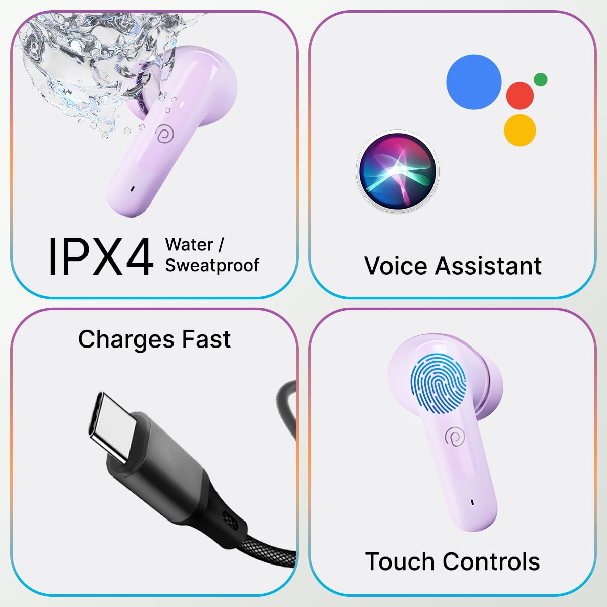 pTron Bassbuds Astra in-Ear TWS Earbuds w/Stereo Sound, 50Hrs Playtime, Stereo Calls, Custom EQ, Mobile App, BTv5.3 Headphones, Touch Control, Voice Assistant, Type C Charging & IPX4 (Lilac) — Amazon image 7